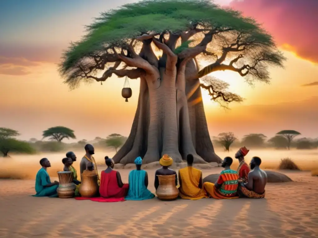 Una escena espiritual africana con influencia del judaísmo, bajo un baobab al atardecer