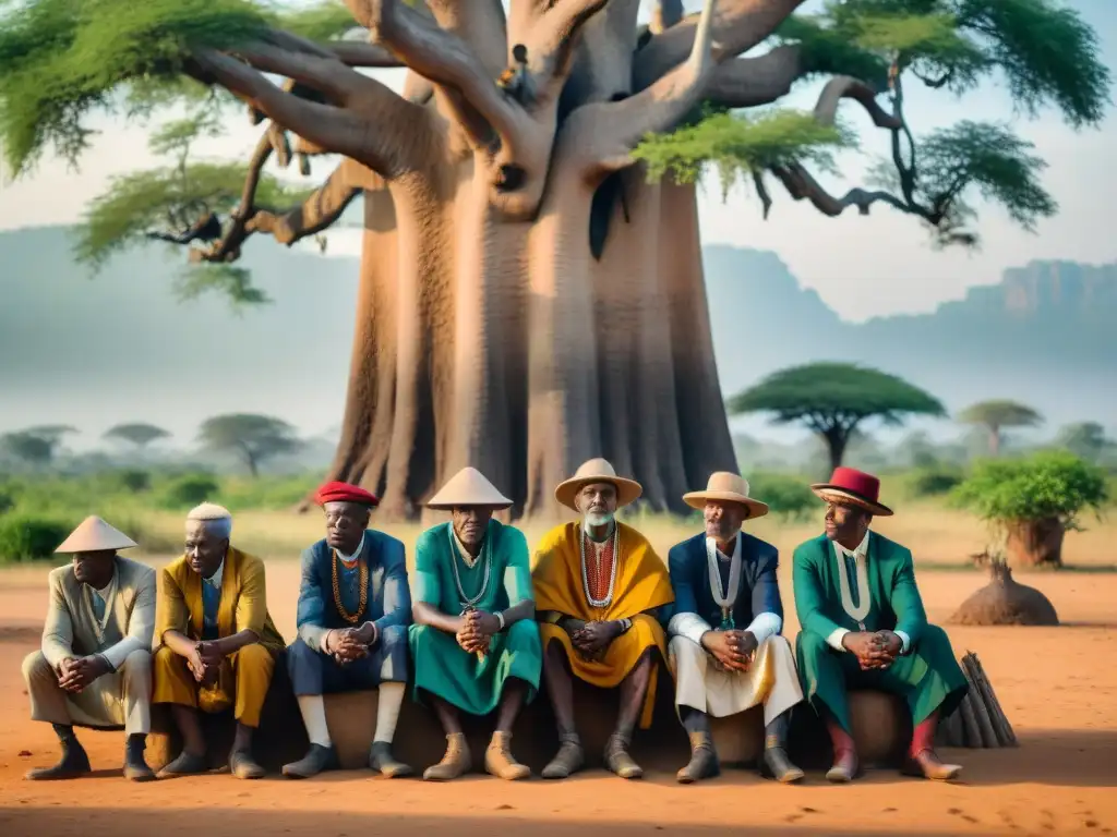 Una escena evocadora en África colonial: ancianos africanos en debate con oficiales coloniales bajo un baobab