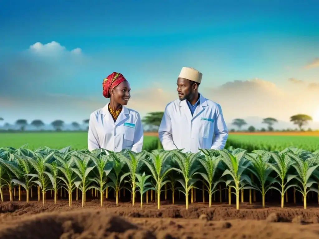 Una escena fascinante de agricultores africanos y científicos con ingeniería genética en prácticas agrícolas en un campo vibrante