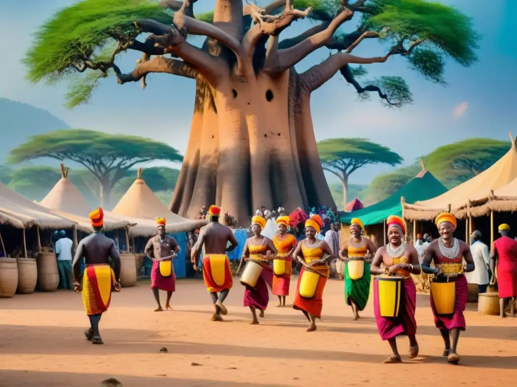 Escena festiva africana bajo un baobab, con danzas y colores vibrantes