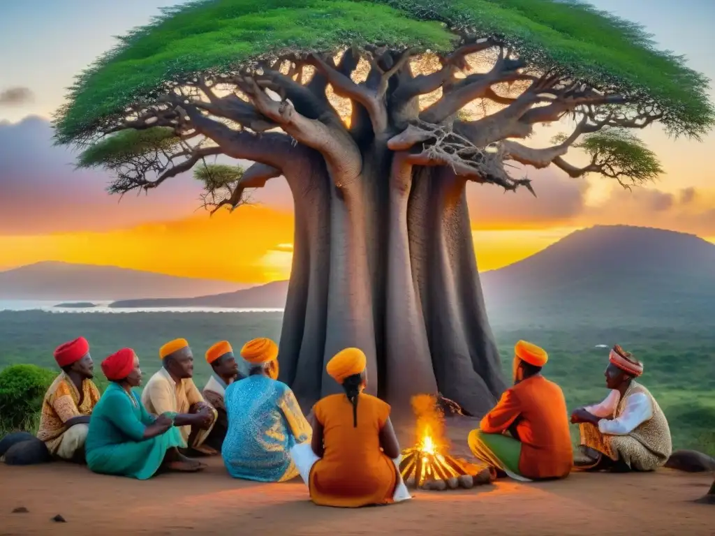 Una escena de la historia de las Islas Comoras: lugareños reunidos alrededor de un anciano contando historias bajo un Baobab al atardecer