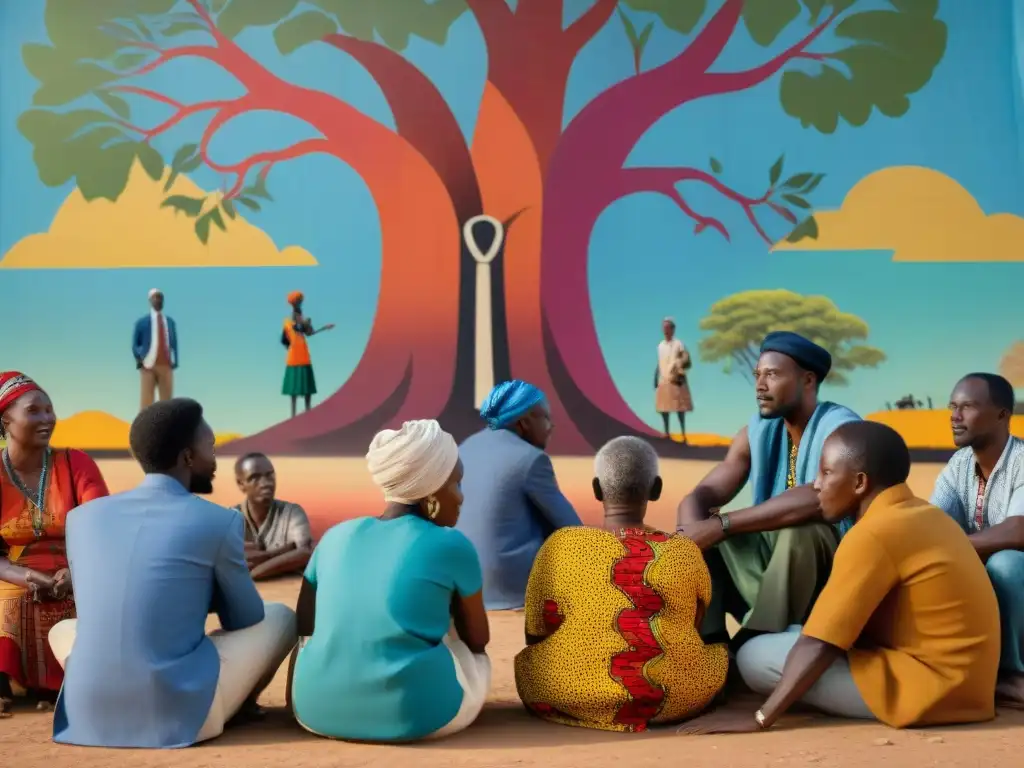 Una escena impactante de activismo africano moderno bajo un baobab, fusionando historia y presente