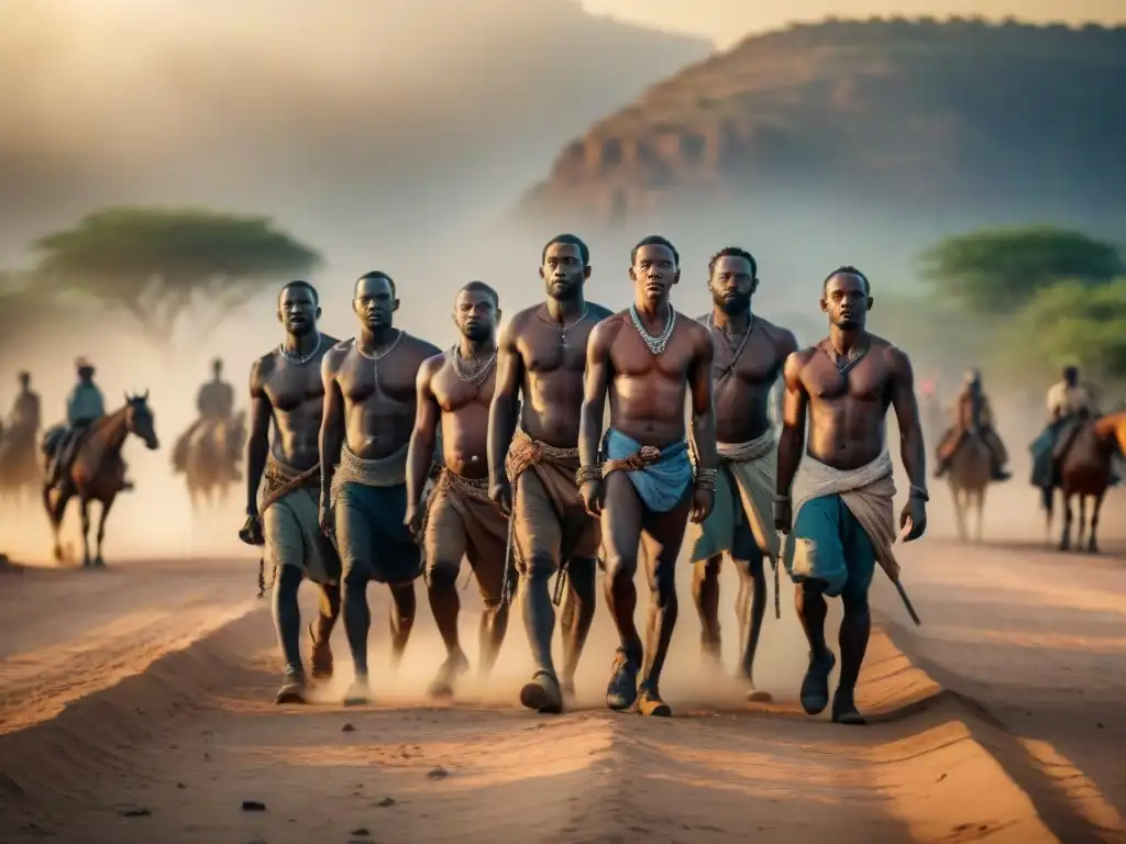 Esclavitud en África Central: Resistencia y Solidaridad Escena impactante de comercio de esclavos en África: individuos encadenados bajo el sol, rodeados de traficantes armados a caballo