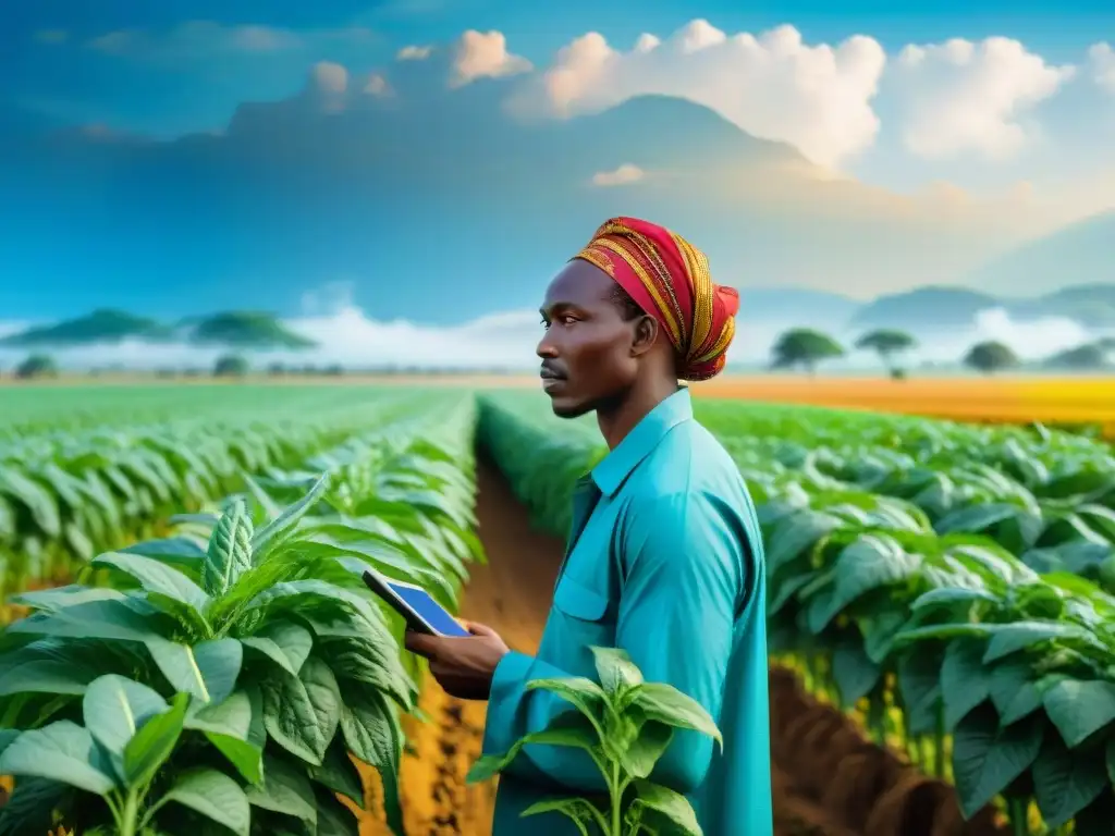 Una escena impresionante de agricultores africanos en un campo exuberante, aplicando la ingeniería genética en prácticas agrícolas