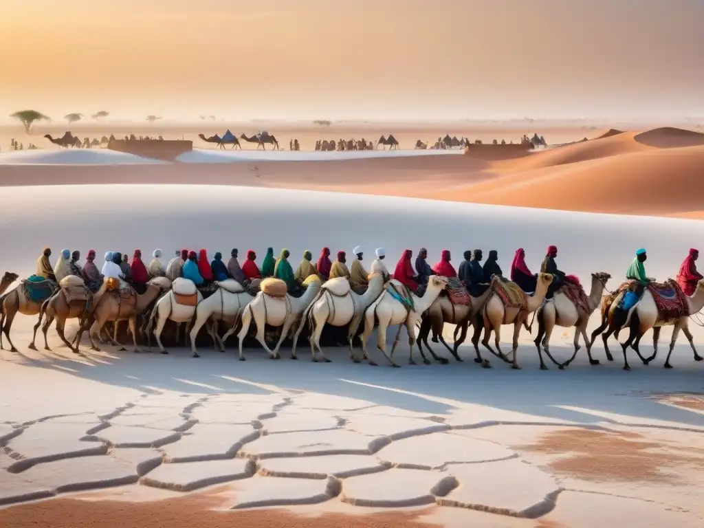 Escena impresionante del Comercio de Sal en Sahel: caravanas de camellos cargadas, comerciantes regateando bajo el sol del Sáhara