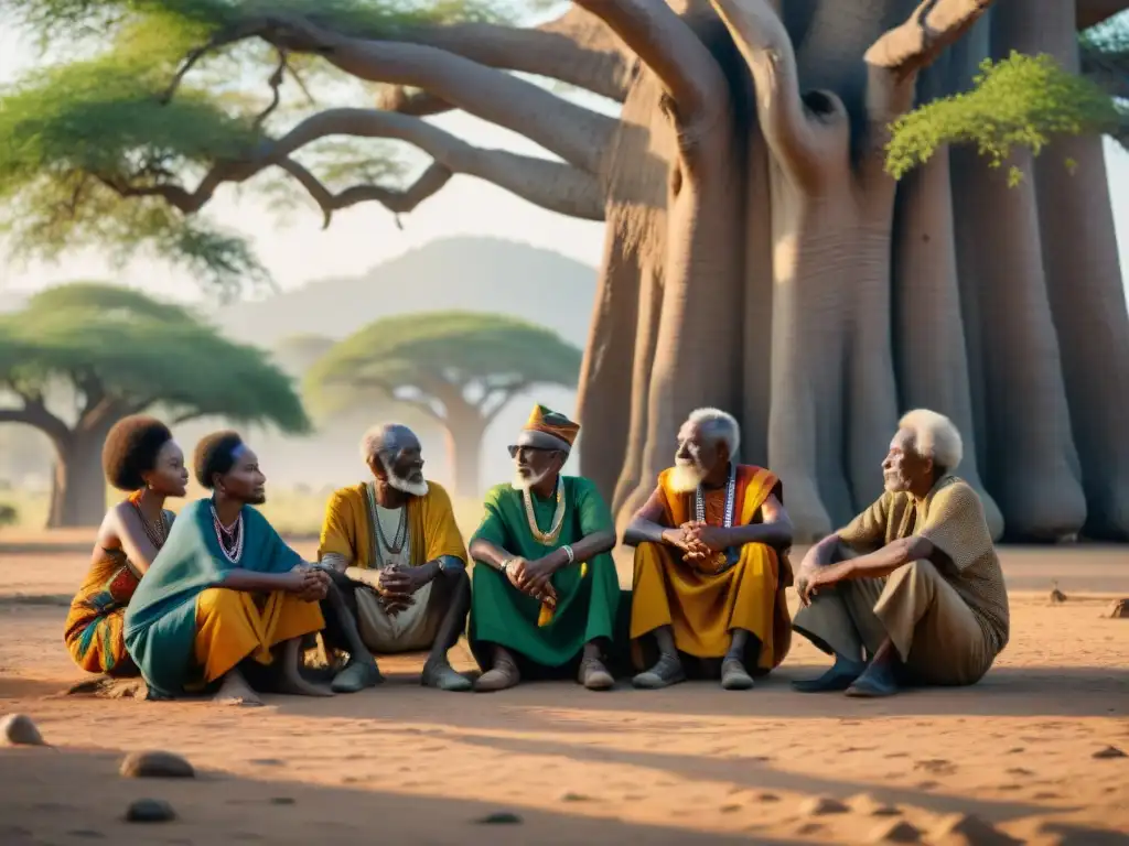 Una escena llena de sabiduría y conexión con la naturaleza: líderes africanos discuten sobre sostenibilidad ecológica bajo un baobab