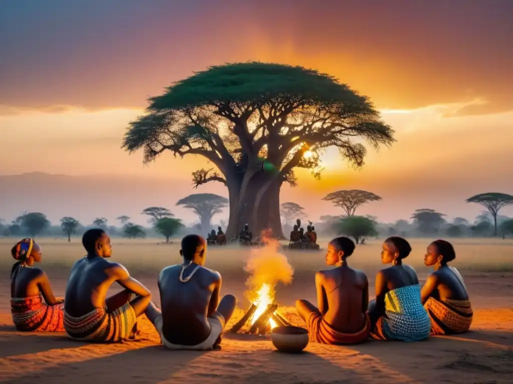 Una escena mágica alrededor del fuego en África Central, con tribus y genealogía en civilizaciones africanas