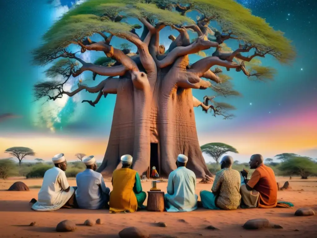 Una escena mágica donde la mitología africana se entrelaza con la ciencia moderna bajo un baobab centenario