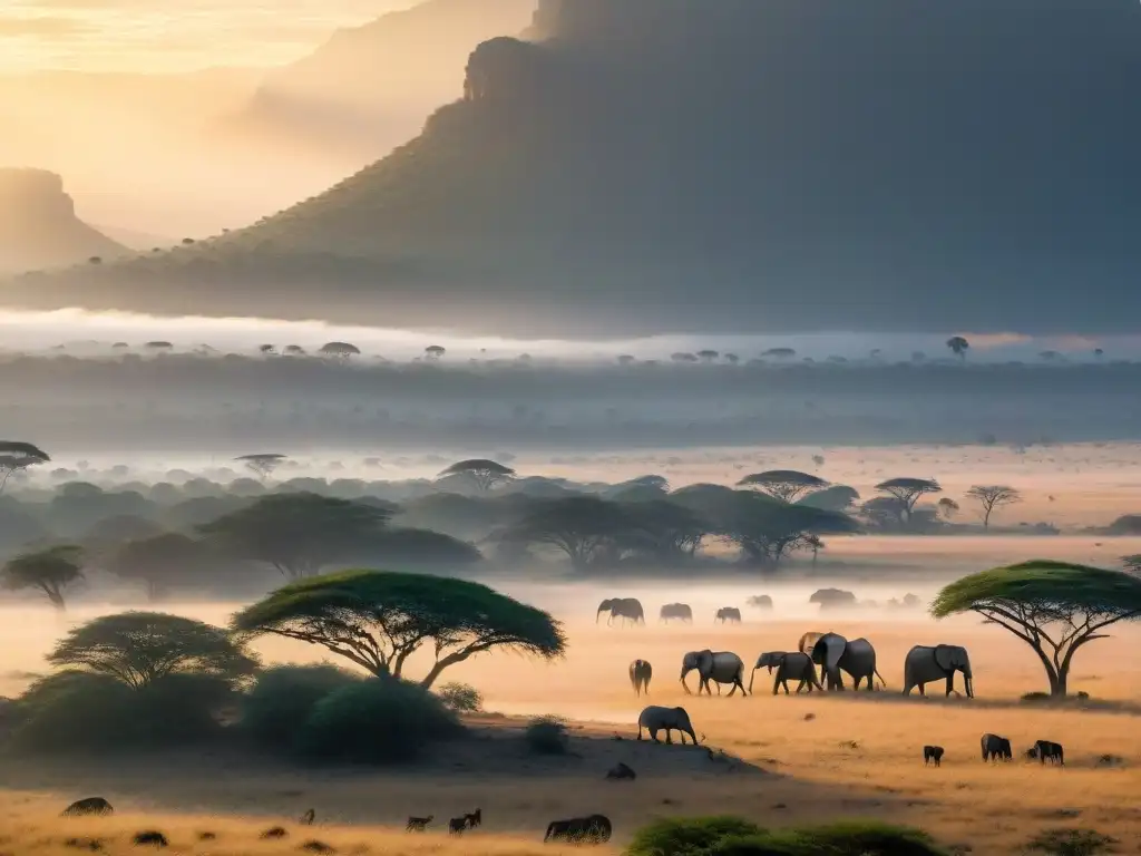 Escena majestuosa de la biodiversidad africana en su hábitat natural, resaltando la conservación y el legado cultural