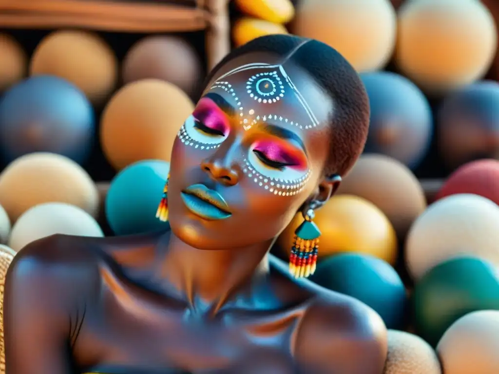 Escena de mercado africano con cosméticos tradicionales y mujeres aplicándolos