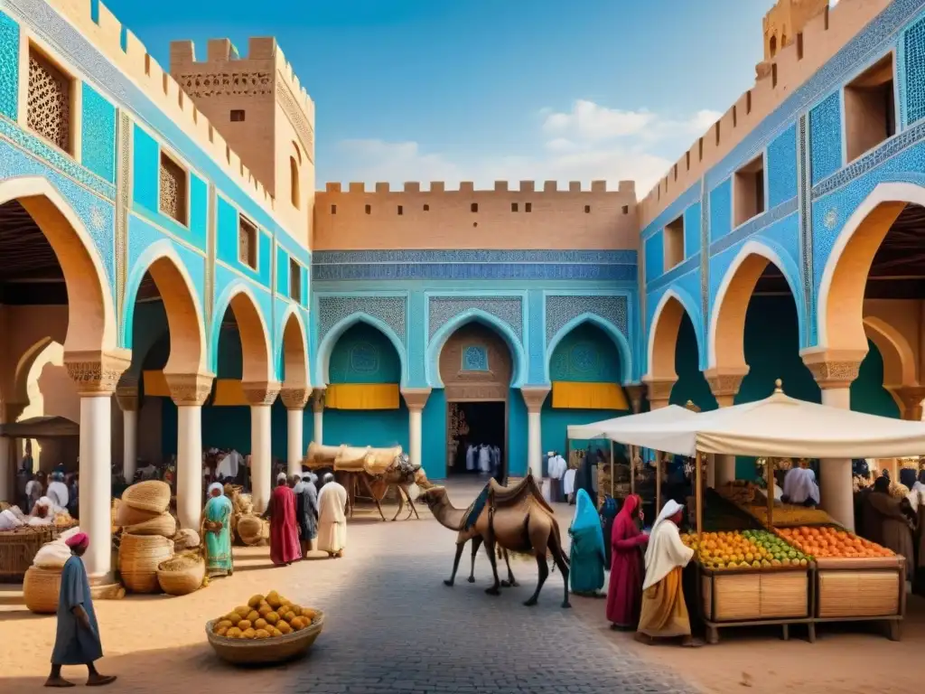 Escena de mercado medieval en una ciudad del norte de África con influencia árabe en economía y comercio entre comerciantes africanos