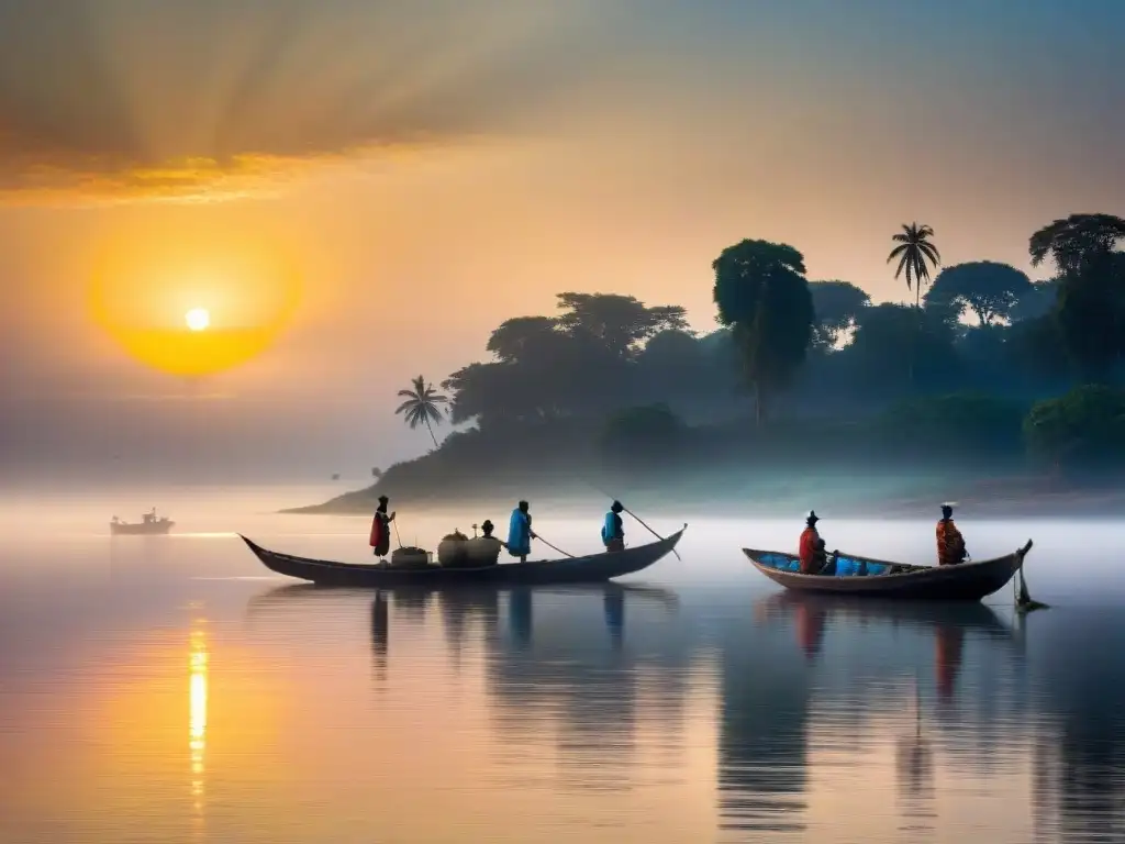 Escena misteriosa al amanecer en el Lago Victoria, reflejando el cielo vibrante y barcas de pesca