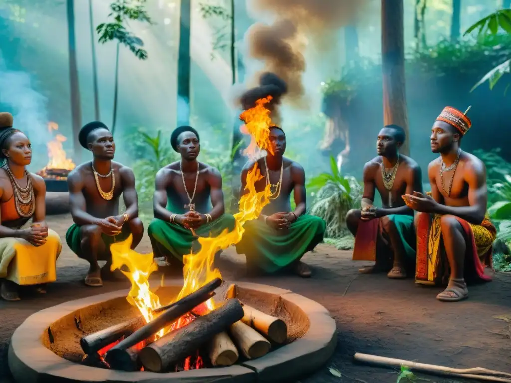 Una escena mística en el bosque: adoradores africanos en ritual, honrando animales sagrados