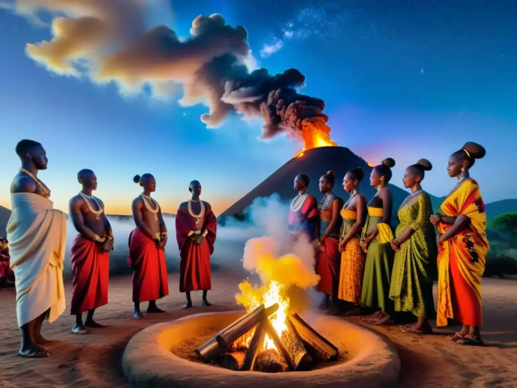 Una escena mística de veneración ancestral en África: personas alrededor de una fogata, danzas y cánticos bajo un cielo estrellado