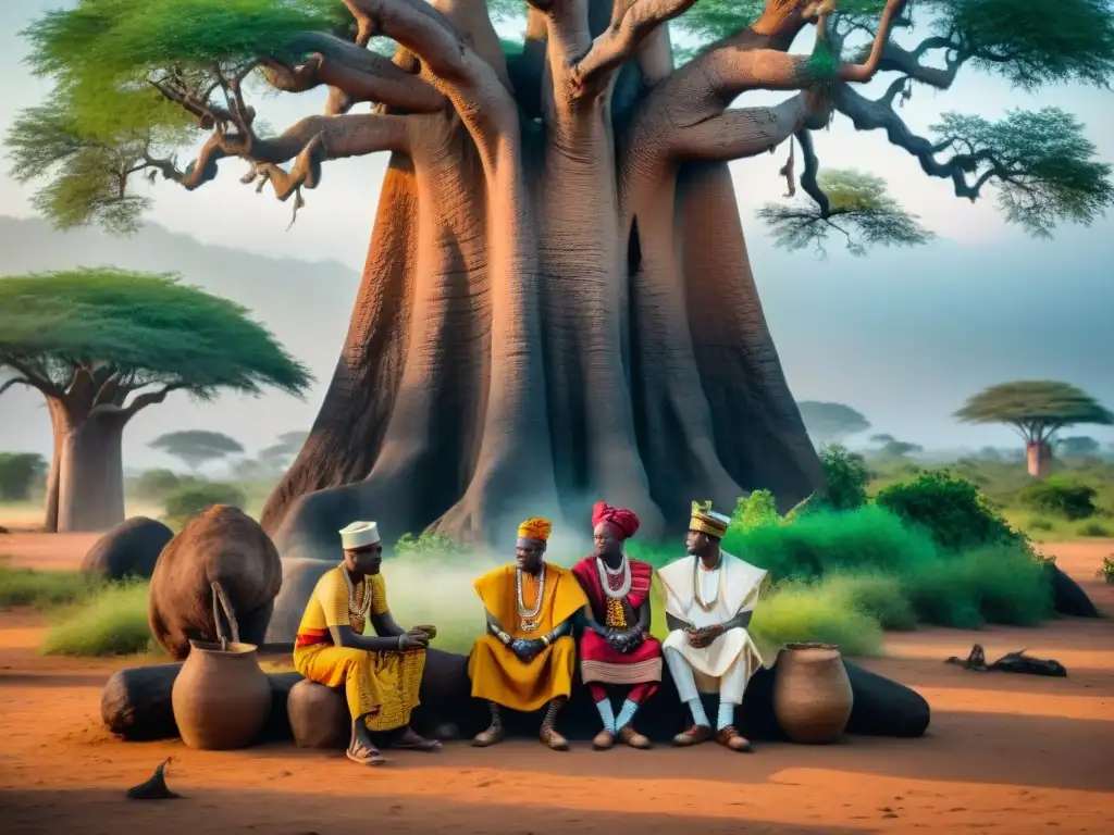 Escena de negociación tradicional en África Central bajo un baobab, líderes locales conversan rodeados de naturaleza exuberante