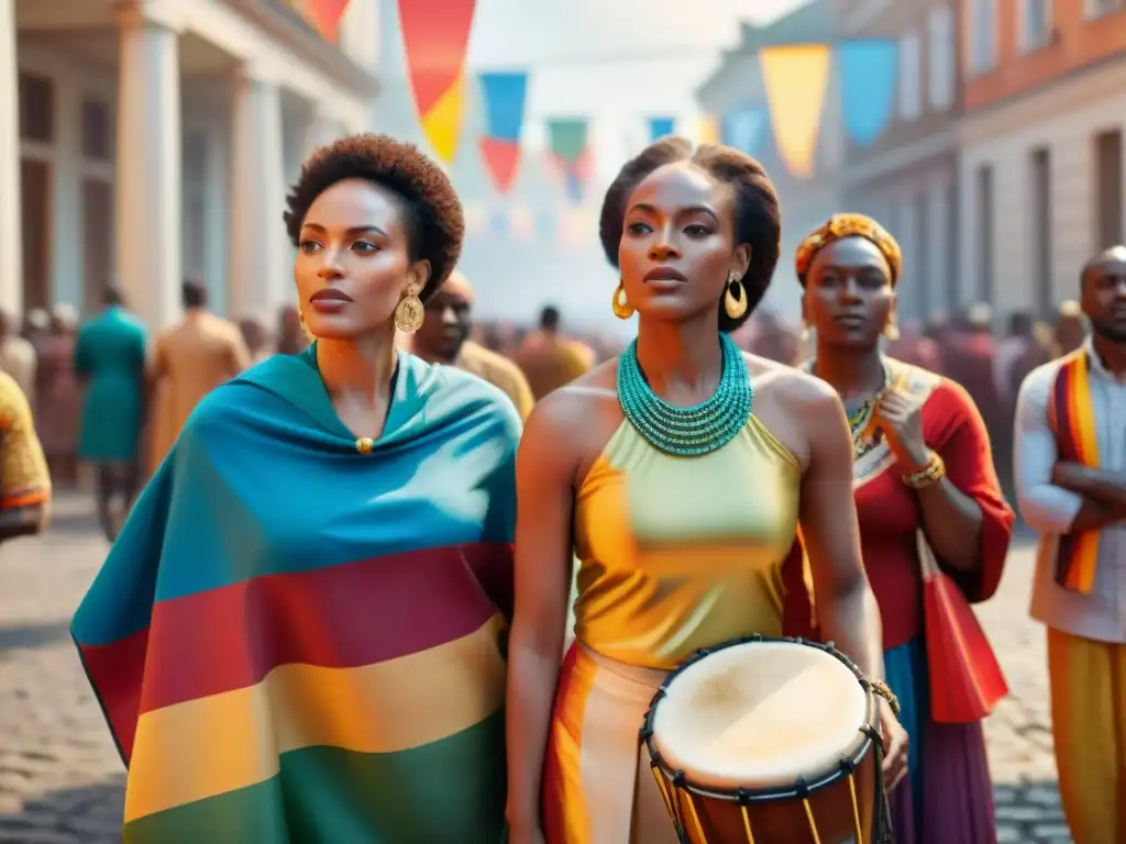 Una escena poderosa de Afrodescendientes reclamando raíces culturales en una plaza vibrante con banderas coloridas y tambores tradicionales