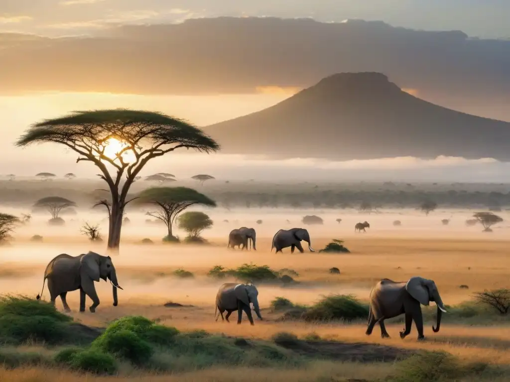 Una escena serena de la sabana africana al atardecer, resaltando la conservación biodiversidad en civilizaciones africanas