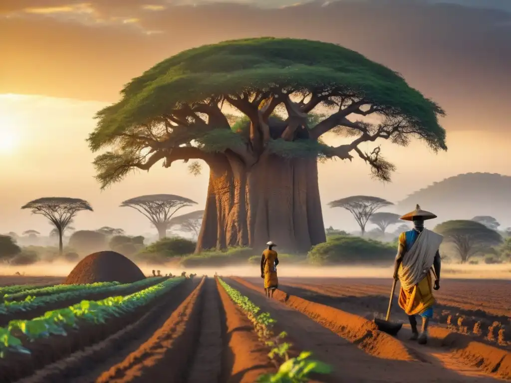 Escena de la revolución agrícola en sociedades africanas antiguas: agricultores trabajando en la vasta sabana al amanecer