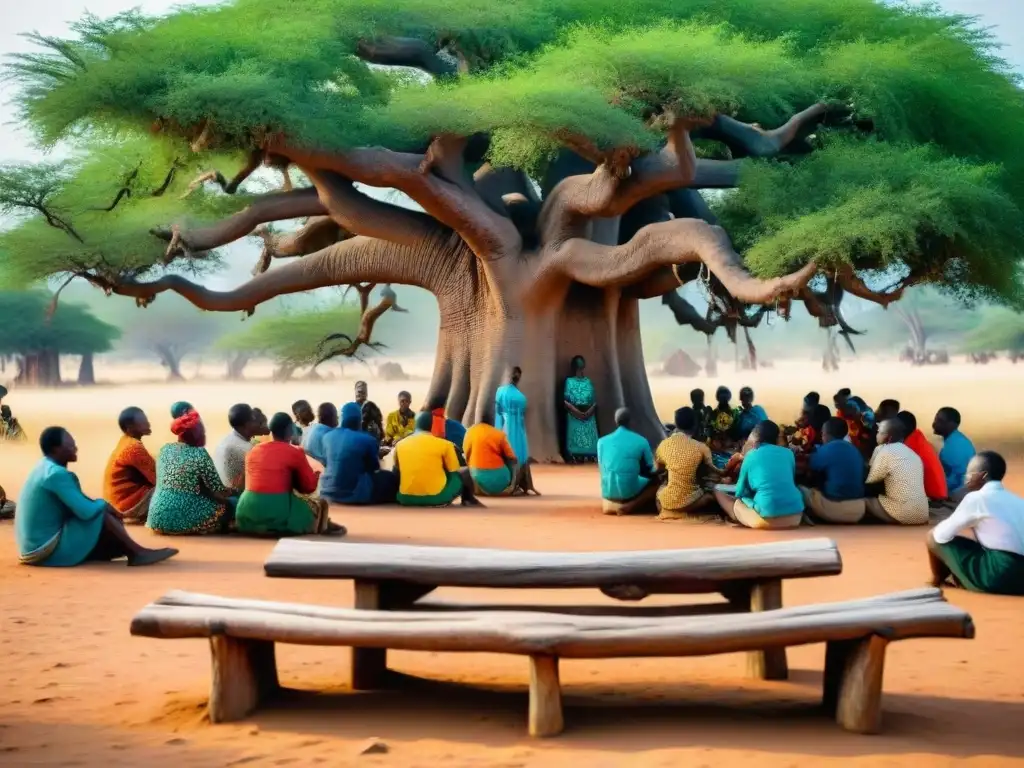 Una escena tradicional africana: estudiantes en un aula al aire libre bajo un baobab