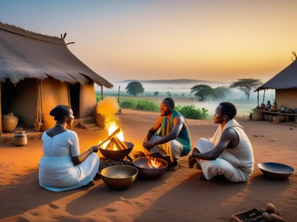 Una escena tradicional de un pueblo africano al anochecer, mostrando actividades comunitarias mientras lidian con los Sistemas de Castas en África