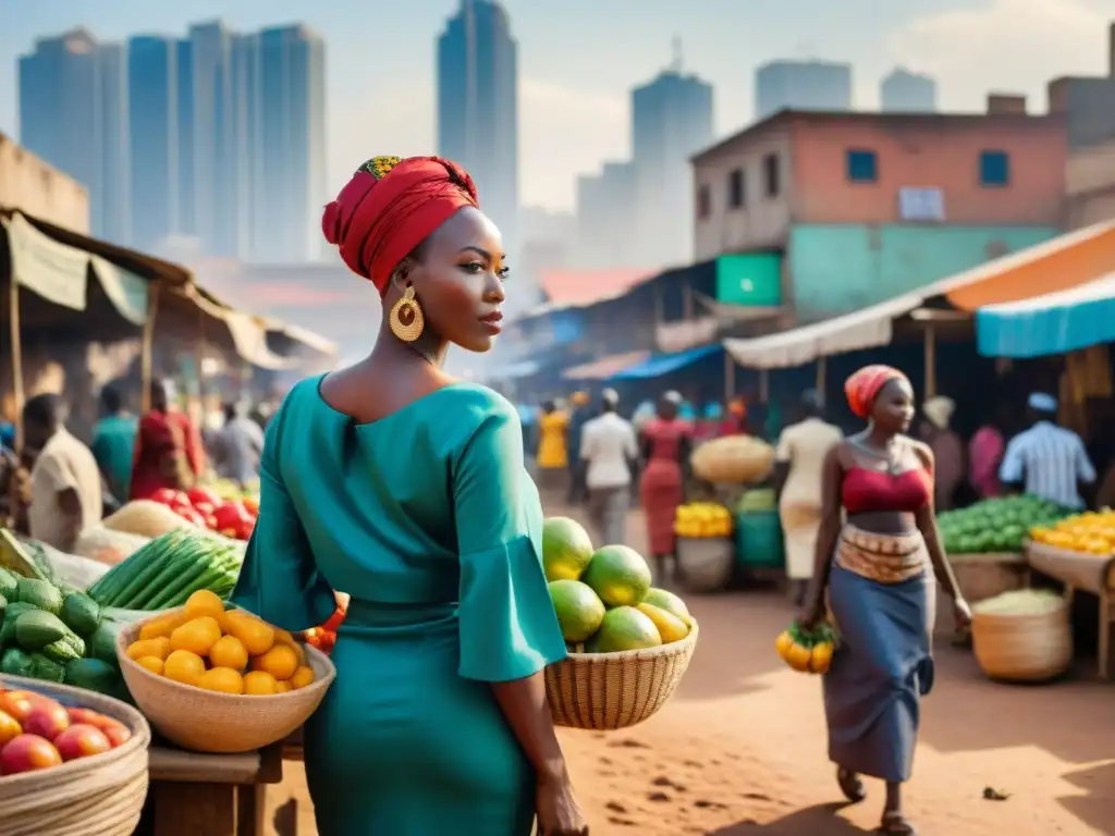 Escena urbana en África: tradición y modernidad, mujeres vendiendo productos en mercado colorido con rascacielos al fondo