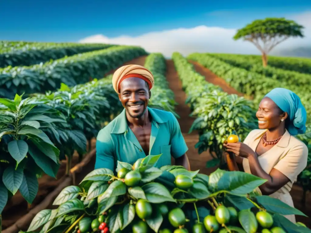 Escena vibrante: agricultores africanos recolectando café bajo el sol dorado