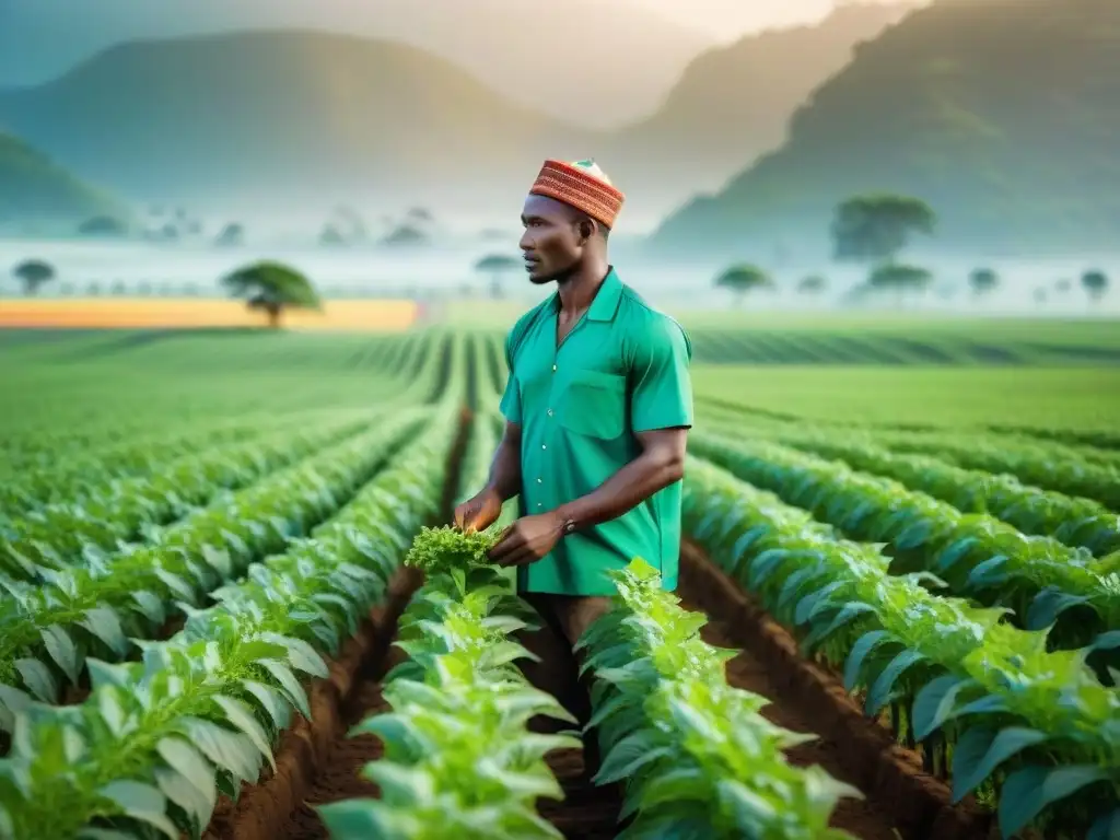 Una escena vibrante de agricultores africanos en un campo verde, combinando tradición con Ingeniería genética en prácticas agrícolas