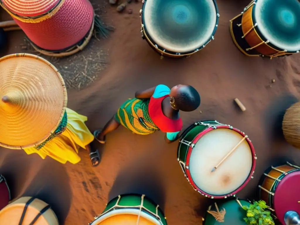 Escena vibrante de una aldea africana con música educativa en civilizaciones africanas