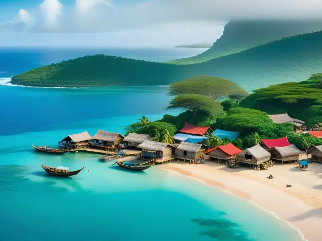 Escena vibrante de una aldea costera swahili con casas de piedra de coral, techos de paja, mercado colorido, pescadores y dhows en el Océano Índico