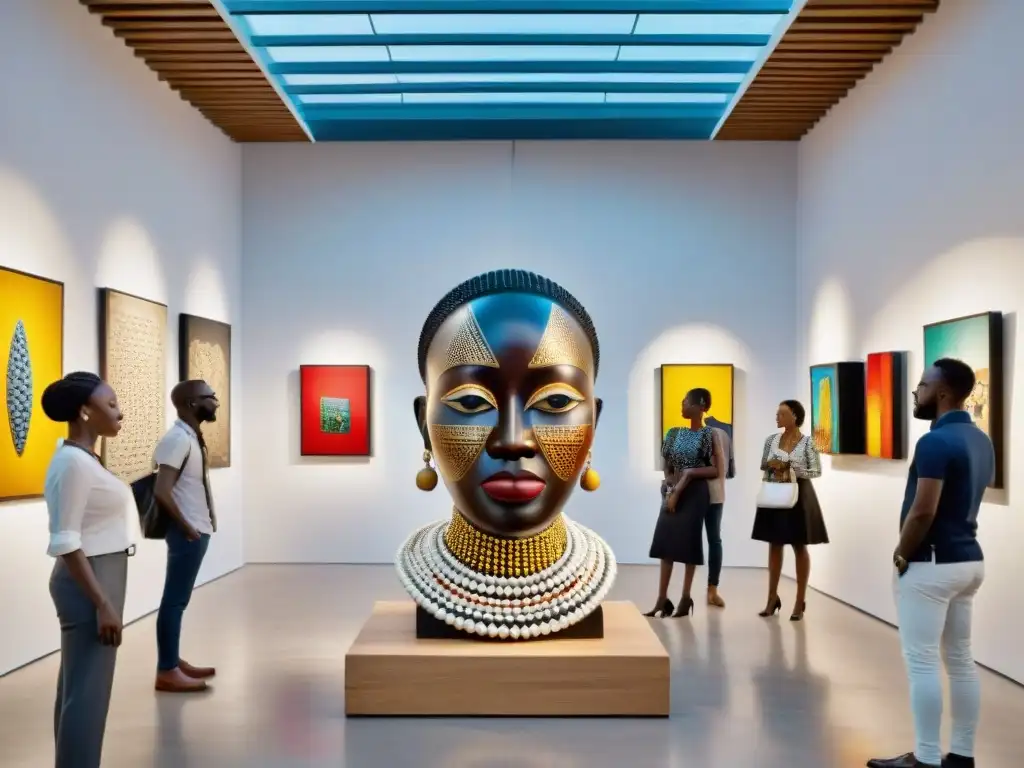 Escena vibrante en galería de arte contemporáneo en Lagos, Nigeria, con visitantes admirando piezas de artistas africanos