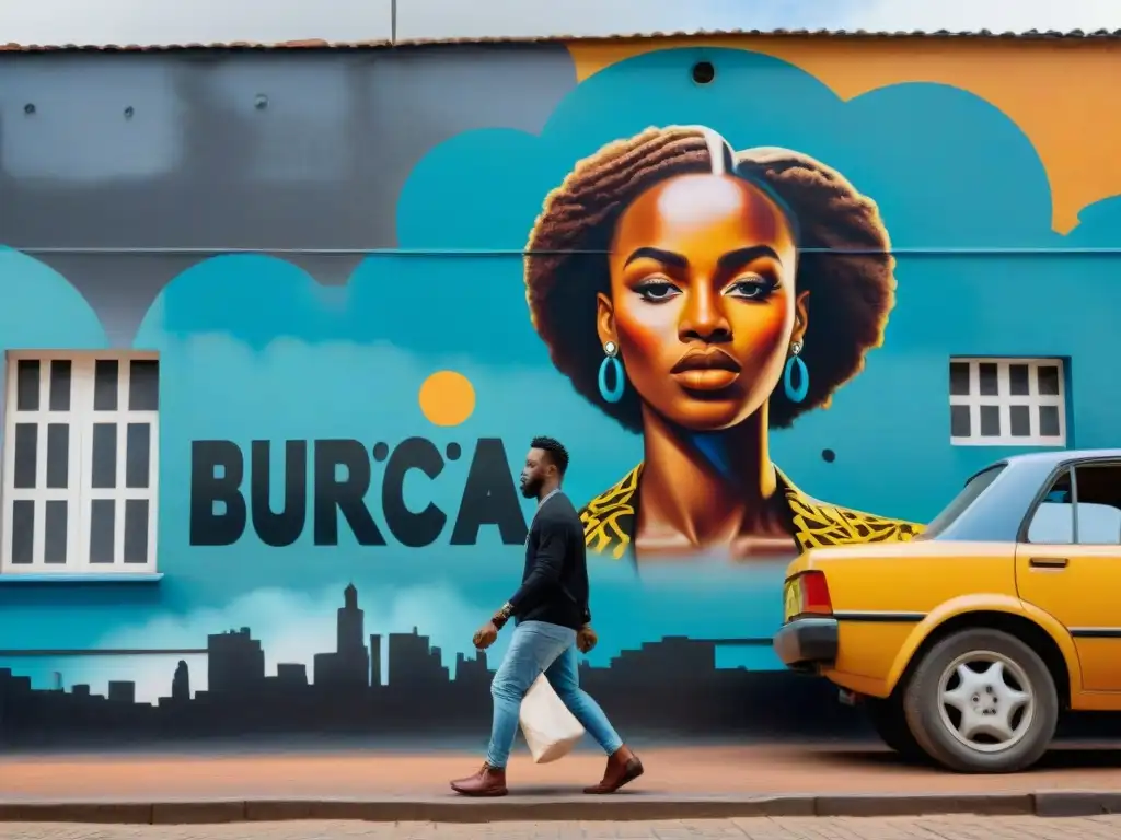 Escena vibrante de arte urbano en ciudades africanas con artistas locales creando murales coloridos en una bulliciosa calle