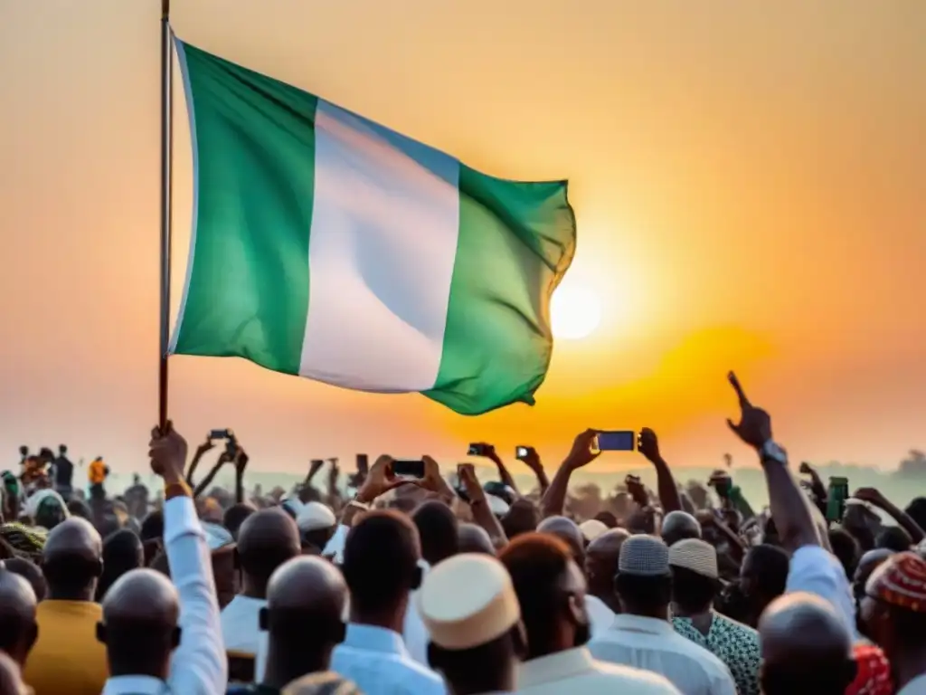 Una escena vibrante de la bandera nigeriana ondeando al atardecer, con siluetas de personas nigerianas en actividades culturales