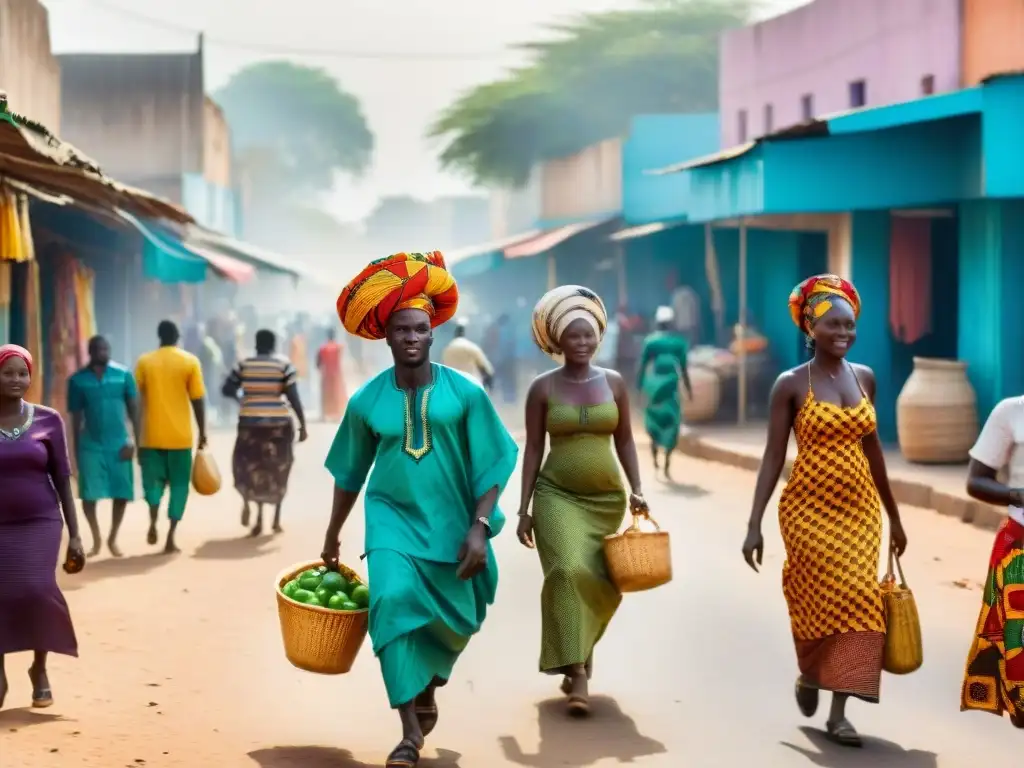 Escena vibrante de una bulliciosa calle en Banjul, Gambia, con mercados coloridos y gente local