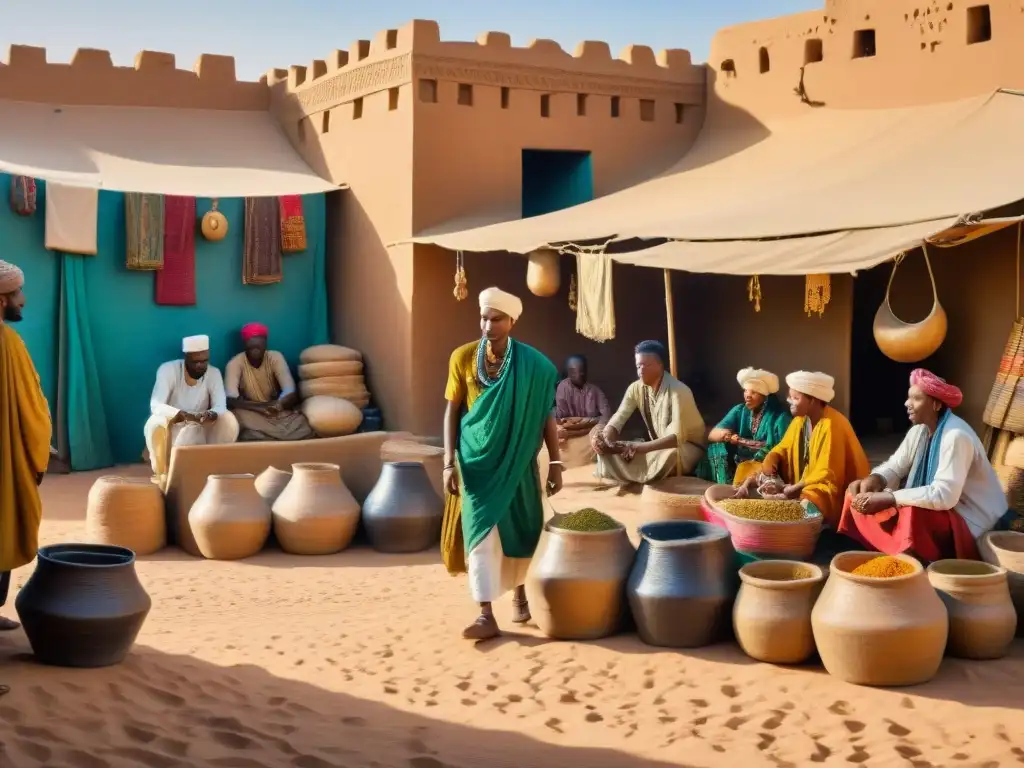 Una escena vibrante y bulliciosa en un mercado antiguo de Timbuktu, reflejando la influencia diáspora africana en el comercio transahariano