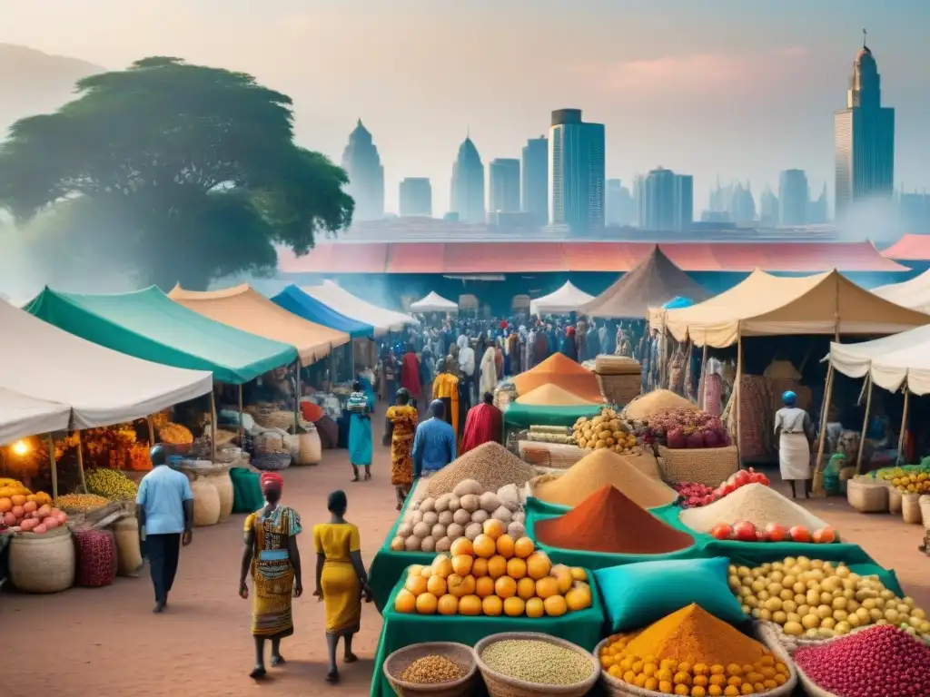 Escena vibrante de un bullicioso mercado africano con colores, texturas y diversidad cultural