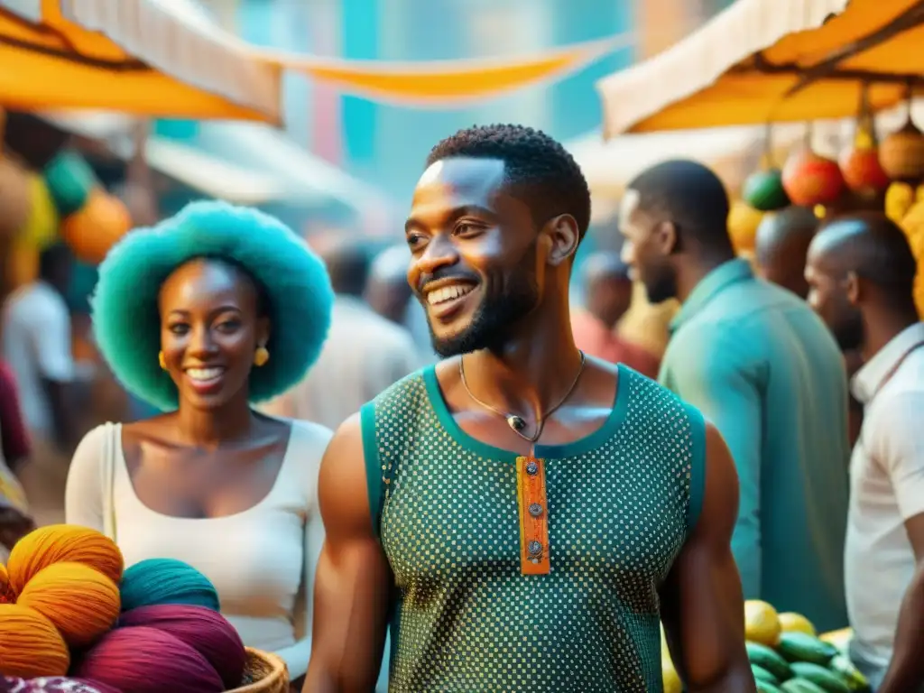 Una escena vibrante de un bullicioso mercado en una ciudad africana moderna, con colores y movimientos culturales africanos contemporáneos