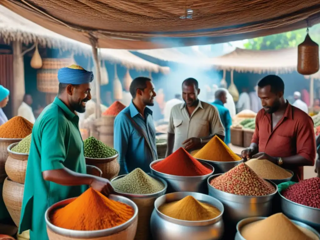 Una escena vibrante en un bullicioso mercado de especias en Zanzíbar, África, resaltando la influencia culinaria africana en Asia