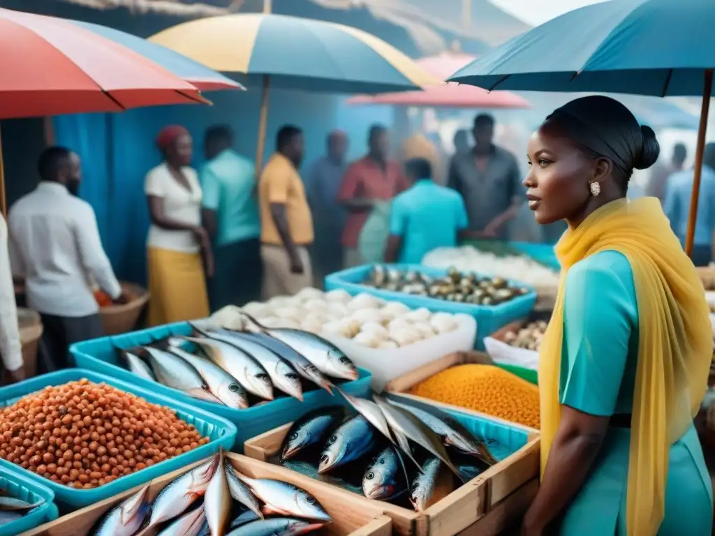 Escena vibrante de un bullicioso mercado de pescado africano, influencia de mariscos africanos cocina