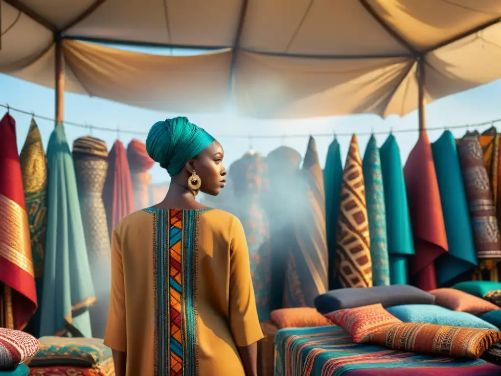 Una escena vibrante de un bullicioso mercado africano con textiles africanos moda lujo renacer