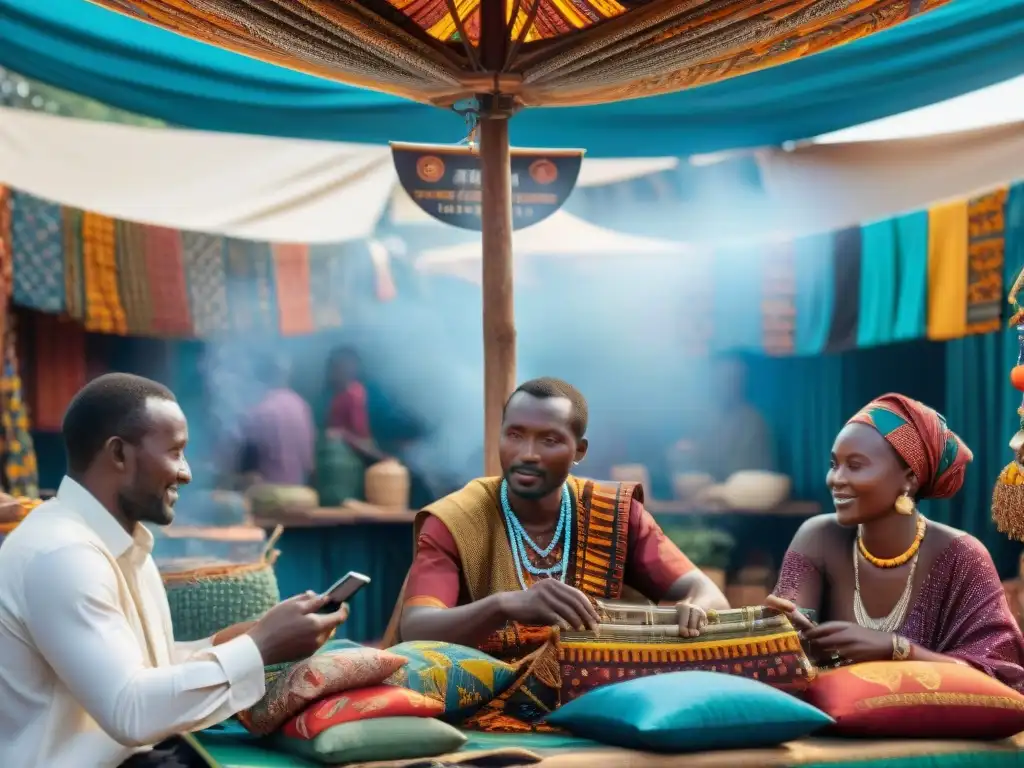 Escena vibrante de un bullicioso mercado en Nairobi, Kenia, fusionando cultura y tecnología