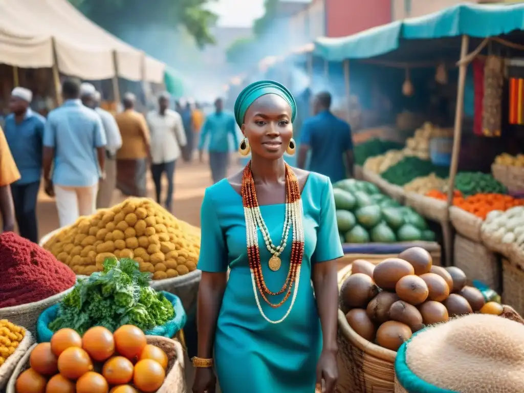 Escena vibrante en un bullicioso mercado africano con textiles coloridos, artesanías y productos frescos