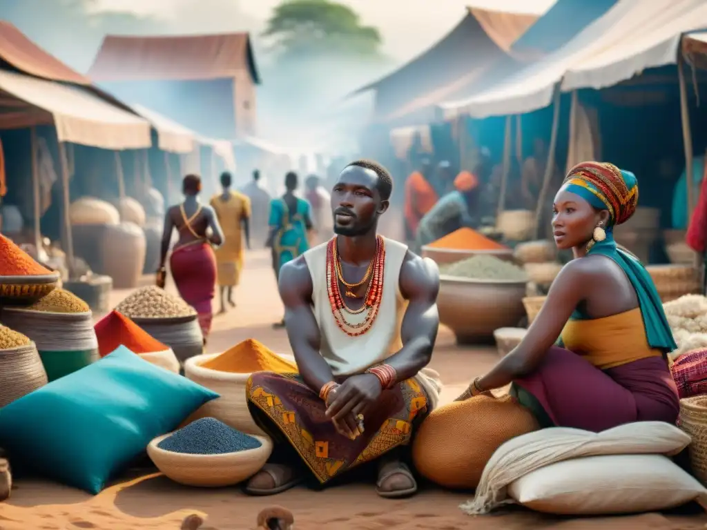 Mercado vibrante en África: intercambio cultural y comercial diverso Escena vibrante de un bullicioso mercado en África