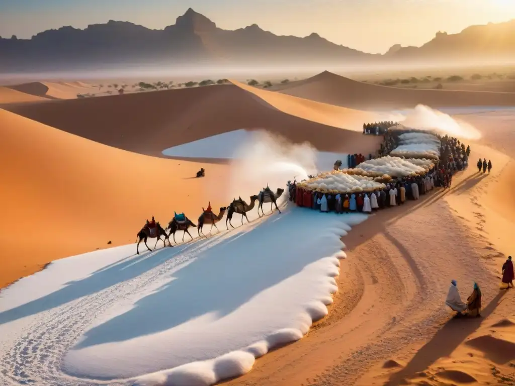 Escena vibrante en un bullicioso mercado del Sahara, con comercio de sal en África