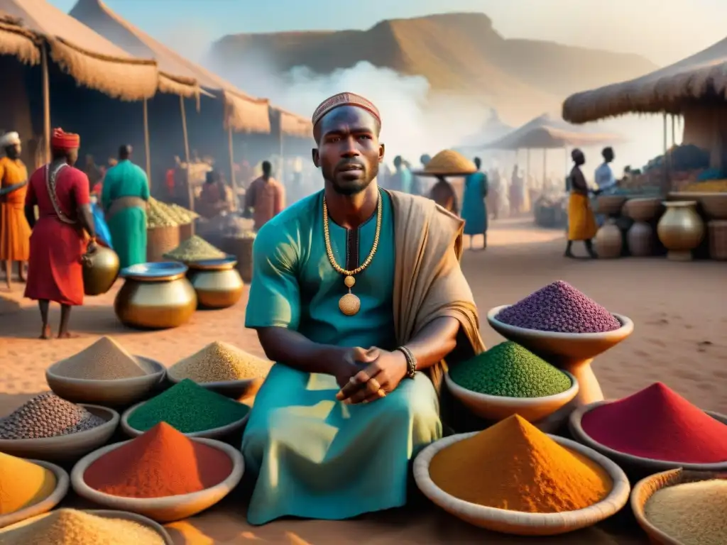 Escena vibrante de un bullicioso mercado precolonial africano, con intercambio entre comerciantes de diversas regiones