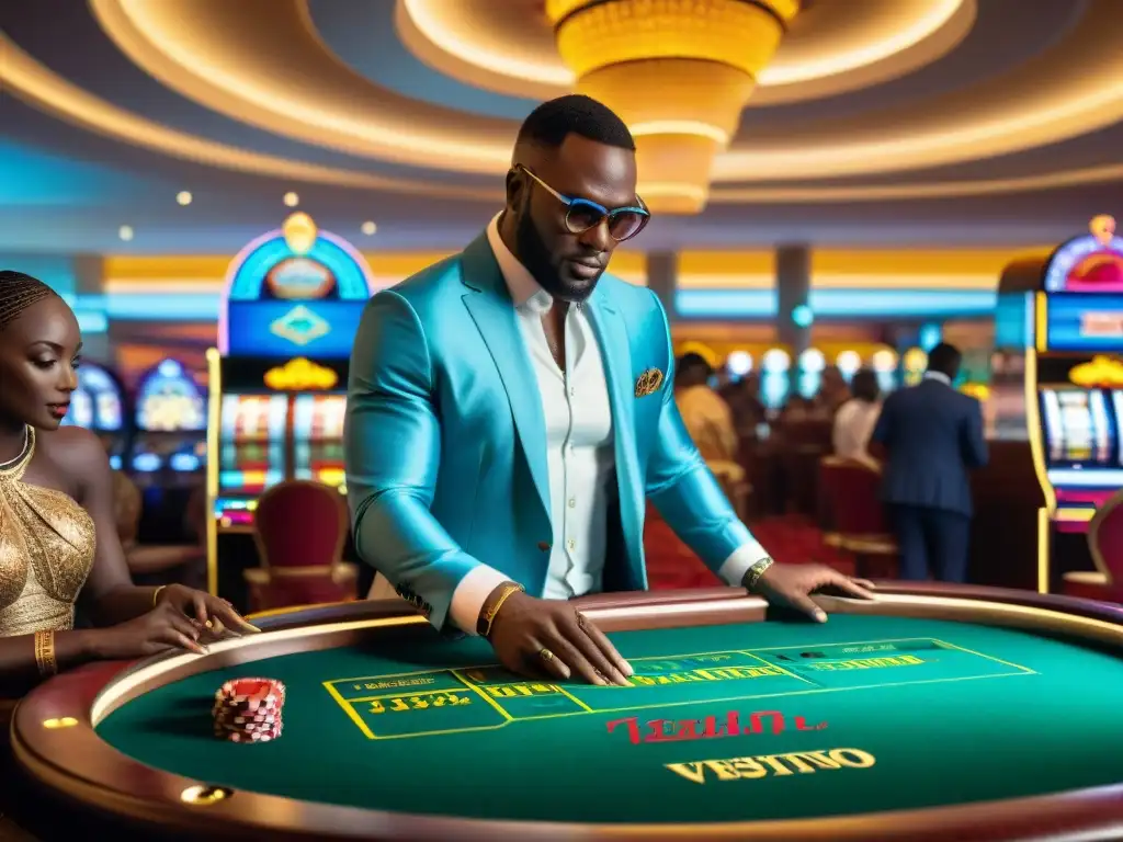 Una escena vibrante de un casino en una gran ciudad africana, fusionando tradición y modernidad