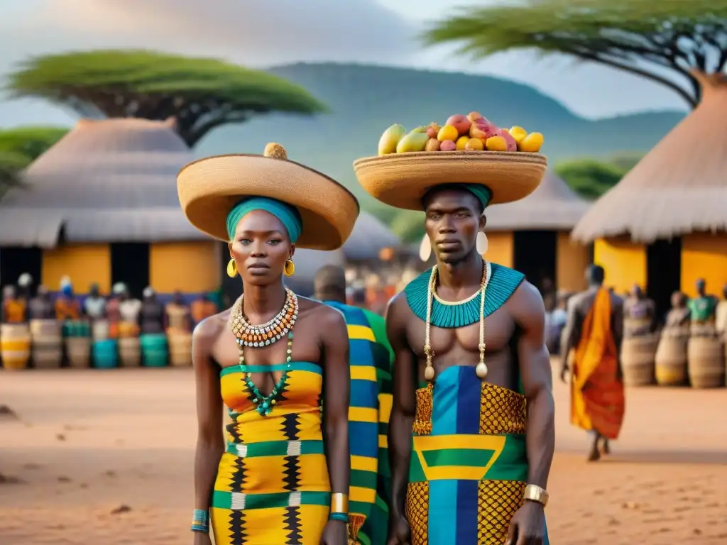 Escena vibrante en África Central antigua con vestimenta kente y joyas de conchas, simbolizando riqueza y estatus