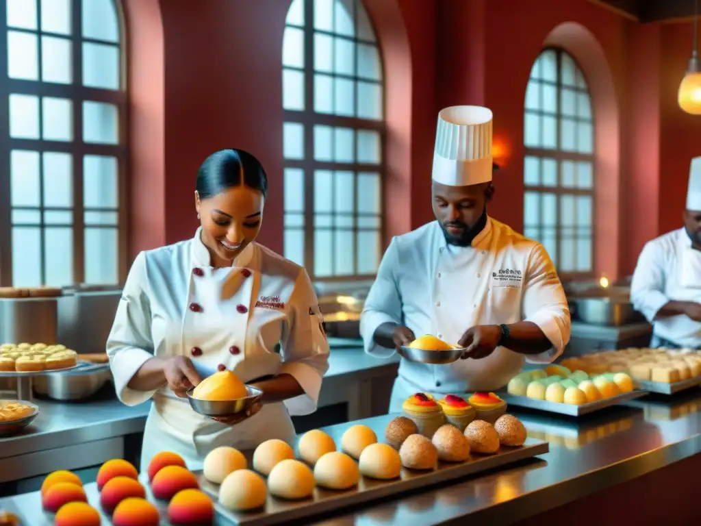 Una escena vibrante de chefs africanos elaborando postres coloridos, reflejando la influencia africana en repostería mundial