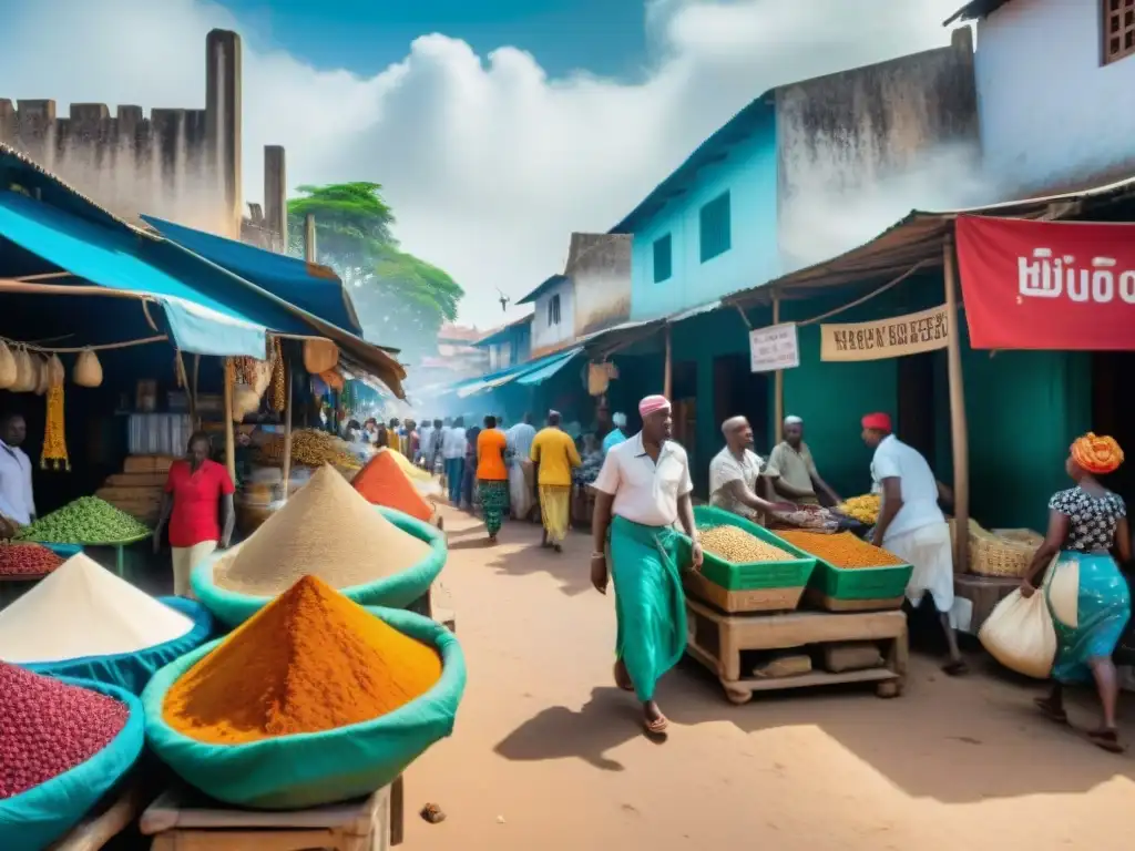 Escena vibrante de comercio en ciudades-estado swahili en el bullicioso casco antiguo de Mombasa, Kenia