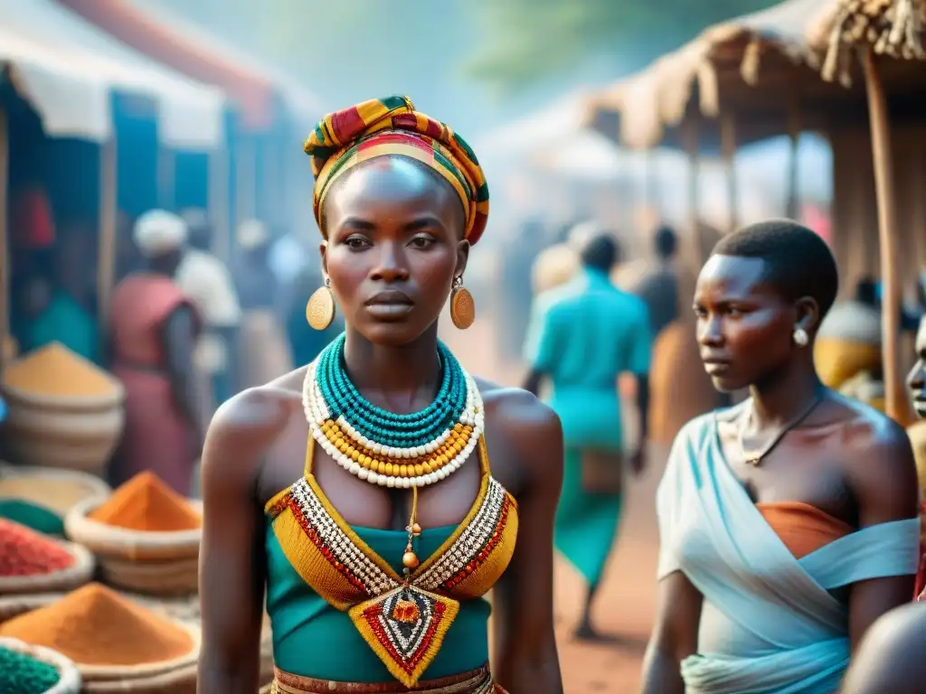 Escena vibrante de comercio en civilizaciones africanas con colores y productos diversos intercambiados entre personas de distintos orígenes étnicos