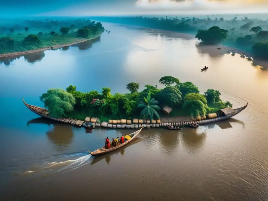 Escena vibrante de comercio fluvial en civilizaciones africanas a lo largo del río Congo, con canoas de madera, mercaderes y fauna autóctona